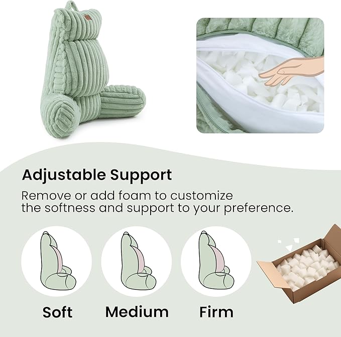 Amélie Home Faux Fur Reading Pillow with Pocket for Sitting in Bed, Adult Backrest Bed Pillow with Washable Cover for Lounging, Study & Relaxing, Sage Green 25 inches
