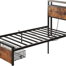 LIKIMIO Twin XL Bed Frames with Drawer, Storage Headboard with Outlets, No Box Spring Needed, Easy Assembly, Vintage Brown