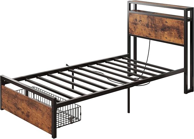 LIKIMIO Twin XL Bed Frames with Drawer, Storage Headboard with Outlets, No Box Spring Needed, Easy Assembly, Vintage Brown