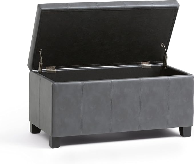 SIMPLIHOME Dover 36 inch Wide Contemporary Rectangle Storage Ottoman Bench in Stone Grey Vegan Faux Leather, Assembled, for the Living Room, Entryway and Family Room