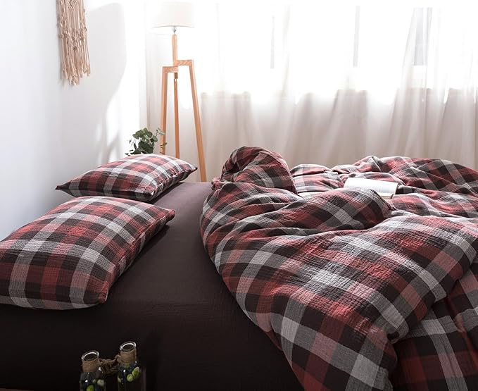 VM VOUGEMARKET Christmas Red Gingham Duvet Cover King Muslin Cotton Plaid Bedding Set Soft Breathable Linen Like Gauze Comforter Cover with Zipper Closure for Adults-3 Pieces,104"x90"