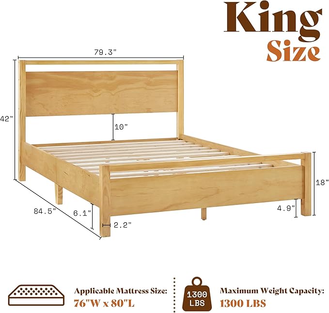 AMERLIFE King Size Solid Wood Bed Frame with Headboard, Minimalist Platform Bed with Wooden Slats Support/No Box Spring Needed/Easy Assembly, Natural
