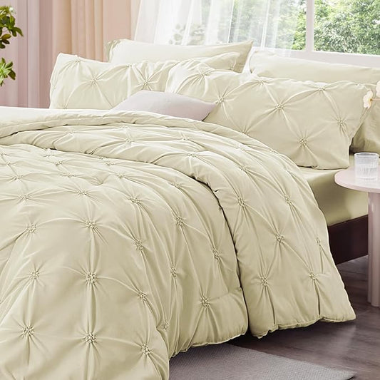 BEDELITE Beige Twin Comforter Set - 2 Peices Boho Pintuck Bedding Comforter Sets, Lightweight Soft & Warm Twin Bedding Sets with 1 Pillowcase for All Season