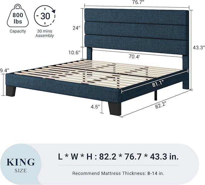 Allewie King Size Platform Bed Frame with Fabric Upholstered Headboard and Wooden Slats Support, Fully Upholstered Mattress Foundation/No Box Spring Needed/Easy Assembly, Navy Blue