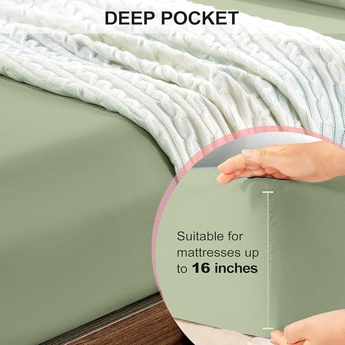 FreshCulture King Fitted Sheet Only - Hotel Quality Fitted Sheet King Size - Ultra Soft & Breathable - Brushed Microfiber - Deep Pocket - Cooling Fitted Sheets for King Size Bed (Sage Green)