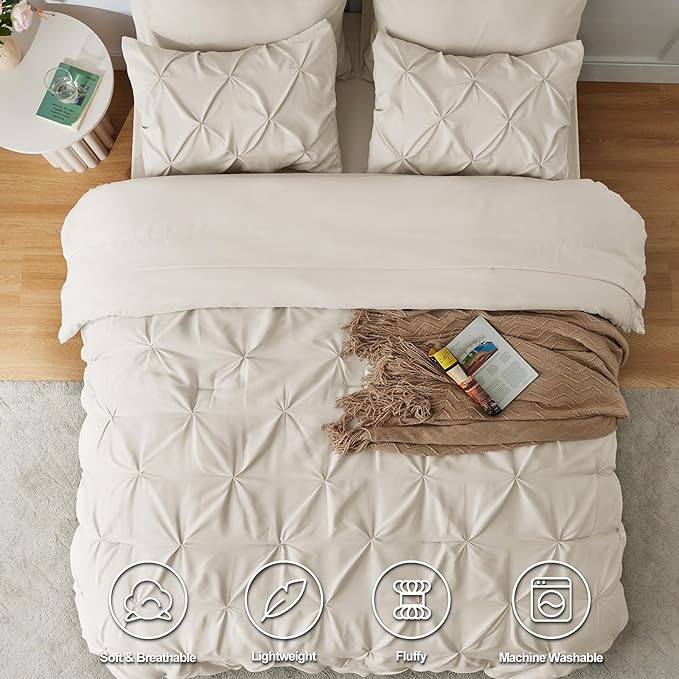 CozyLux Oversized King Comforter Sets Beige, 7 Pieces Oversized King Pintuck Bed in A Bag, Pinch Pleat Bedding Sets with All Season Comforter, Flat Sheet, Fitted Sheet, Pillowcases & Shams