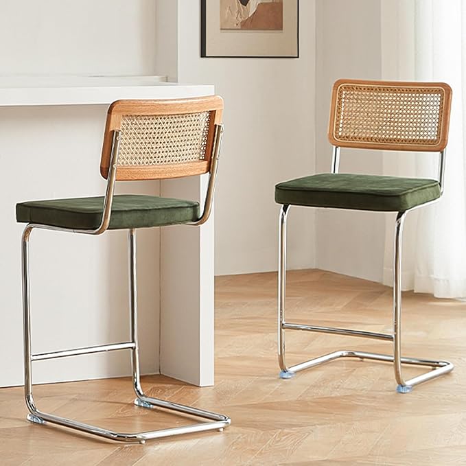 Natural Rattan Bar Stools Set of 2 with Solid Wood Back, 29 Inch Mid Century Modern Counter Height Stools, Green Upholstery Boho Stool for Kitchen Counter with Chrome Metal Legs
