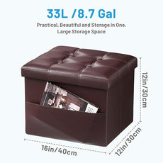 Storage Ottoman Foot Rest Stool, Small Leather Storage Ottomans Bench, Folding Footstool with Side Pockets, Foot Rest Under Desk for Living Room Bedroom, 16x12x12 in, Brown