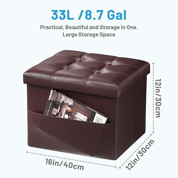 Storage Ottoman Foot Rest Stool, Small Leather Storage Ottomans Bench, Folding Footstool with Side Pockets, Foot Rest Under Desk for Living Room Bedroom, 16x12x12 in, Brown