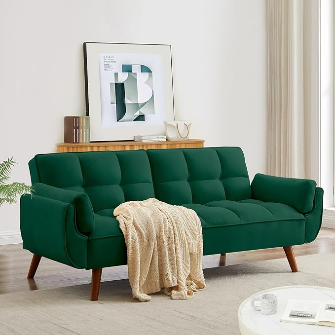 Solid Wood Feet Futon Couch Tufted Convertible Sleeper Sofa Bed Solid Wood Legs Adjustable Backrest Living Room Hemp Sponge S-Shaped Spring Eucalyptus Frame (Green)