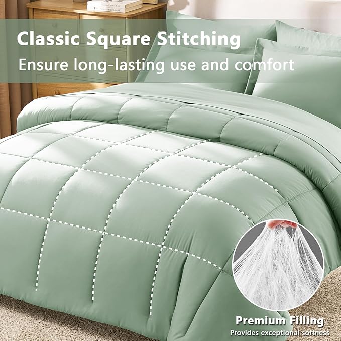 CozyLux Queen Comforter Set Sage Green - 7 Pieces Bed in a Bag Queen, All Season Breathable Bedding Sets, Oeko-Tex Certified Bed Set with Down Alternative Comforter, Sheets, Pillowcases & Pillow shams
