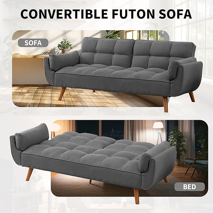 Convertible Futon Sofa Bed, Linen Sleeper Couch, 75" W Modern 3 Seater Tufted Sofa with Solid Wood Legs and Adjustable Backrests for Small Spaces, Living Room, Bedroom, Dark Gray