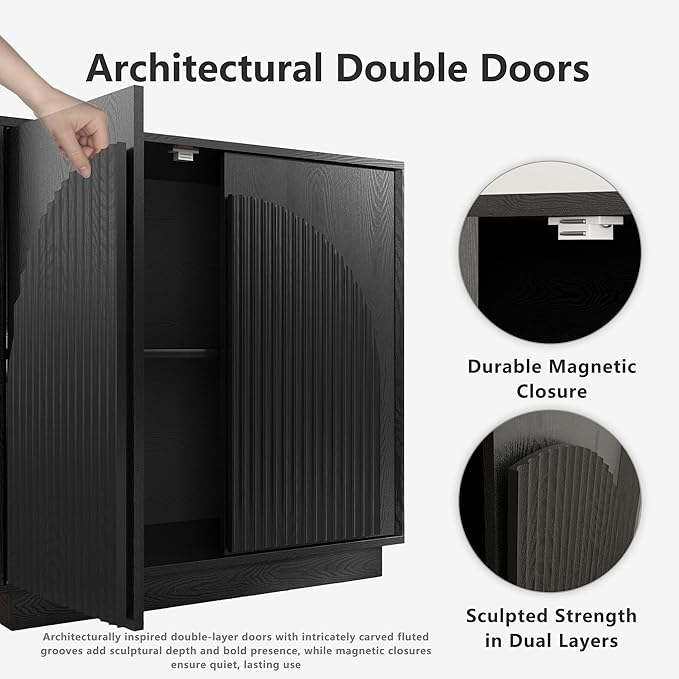 win2win Fluted Sideboard Buffet Cabinet with Storage, 31.5" Modern Accent Cabinet with Double-Layered Arch Doors, Small Wood Console Credenza for Living Room, Dining Room, Entryway, Black, 2PCS
