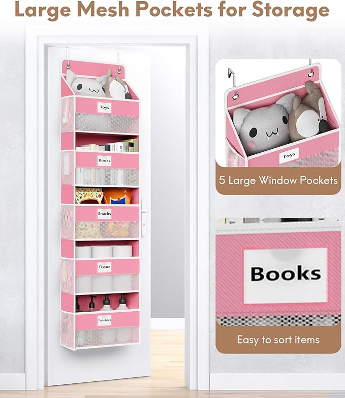 Over The Door Organizer Hanging, 2 Pack 5 Shelf Behind The Doors Storage, Pantry Door Organizer, Closet Organizers for Bedroom and Nursery (Pink)