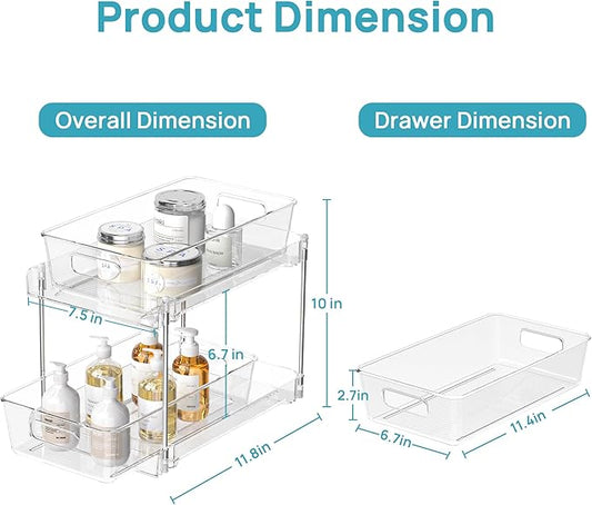 Vtopmart 6 Pack Bathroom Organizer, 2 Tier Clear Under Sink Organizers Vanity Countertop Storage Container,Cabinet Drawers Bins, Pull-Out Organization with Track for Pantry, Kitchen