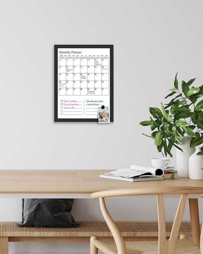 Dry Erase Calendar for Wall, 17x13 inches Magnetic Surface Calendar Whiteboard, 2-in-1 Planner, Vertical Layout to Do List with Black Wooden Frame(YL-SHU-BK,4333)