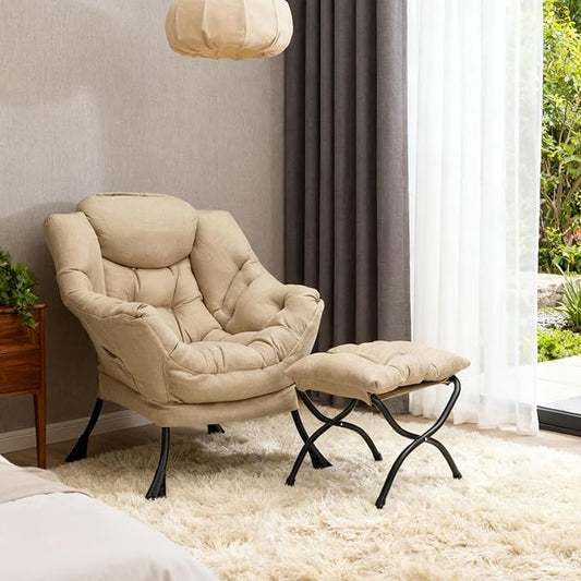 HollyHOME Lazy Chair with Foldable Ottoman, Accent Comfy Lounge Armchair and Folding Footrest Stool, Leisure Sofa Reading Chair and Footstool for Living Room, Bedroom, Dorm,Cotton-Linen Tan