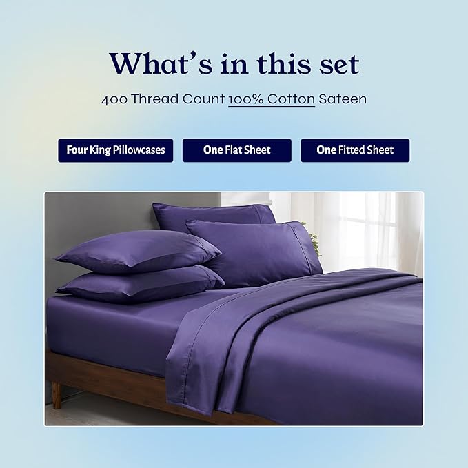 California Design Den 6-Pc King Size Sheet Set with 4 Pillowcases - Soft 400 Thread Count 100% Cotton Sheets, Sateen Weave, Deep Pocket Bedsheets Set - Dark Purple