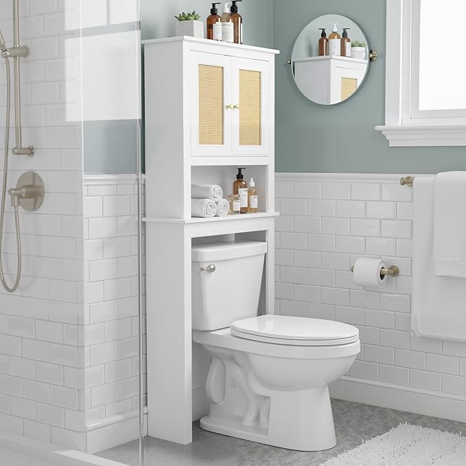 Over The Toilet Storage Cabinet, Behind Toilet Bathroom Organizer with Adjustable Shelves, Above Toilet Organizers with Barn Door, Space Saver for Restroom, Bathroom, Laundry