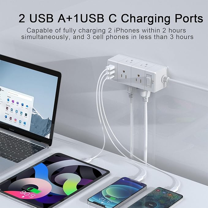 20Ft Extension Cord Flat Plug Power Strip - Tcstei 3-Side Outlet Extender with 6 AC Outlets and 3 USB Ports (1 USB C), Compact for Home, Office, Dorm Room Essentials, White