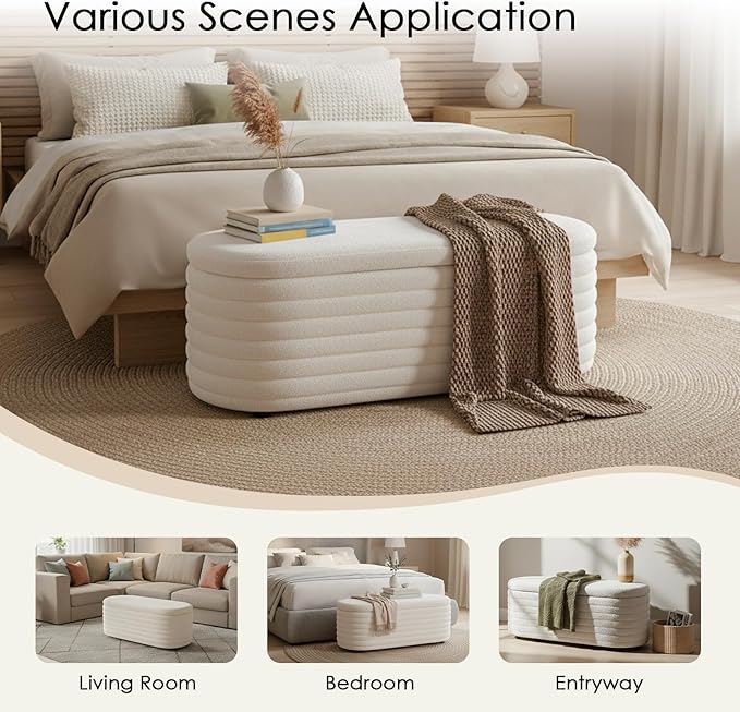 Storage Teddy Ottoman Bench Upholstered Fabric Storage Bench End of Bed Stool with Safety Hinge for Bedroom, Living Room, Entryway, Closet(44.5", White)