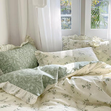 MKXI Full Size Beige & Green Floral Comforter Set - 3 Piece Ruffled Lace Bedding Set with Reversible Design, Soft Aesthetic Cottagecore Style Green Leaf Comforter for Girls, Women, and Teens