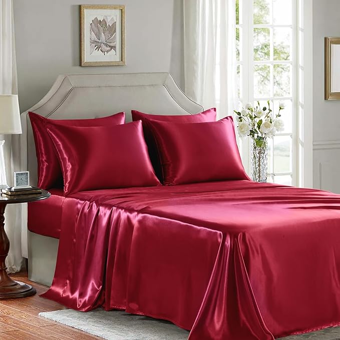Satin Sheets Queen Size - 6 Pieces Luxury Silky Soft Bed Sheets, Wrinkle-Free Burgundy Satin Silk Sheet Set with 1 Deep Pocket Fitted Sheet, 1 Flat Sheet, 4 Pillow Cases