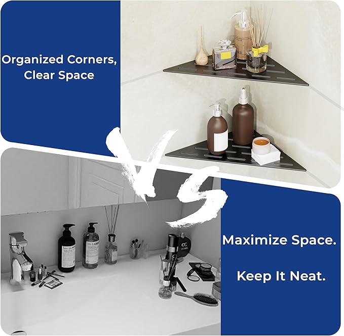 Corner Shower Caddy Shelf, Recessed Built-in Bathroom Storage for Tiled 90° Walls, Matte Black 304 Stainless Steel, Set of 2
