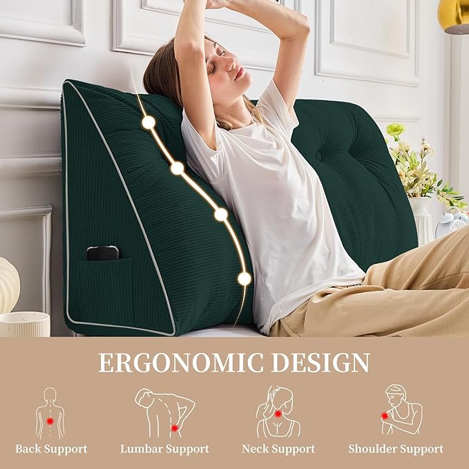 Sasttie Headboard Pillow Queen, Wedge Pillow Headboard for Sitting Up in Bed, Back-Rest Support Triangular Cushion for Reading - Features Removable Washable Cover, Green