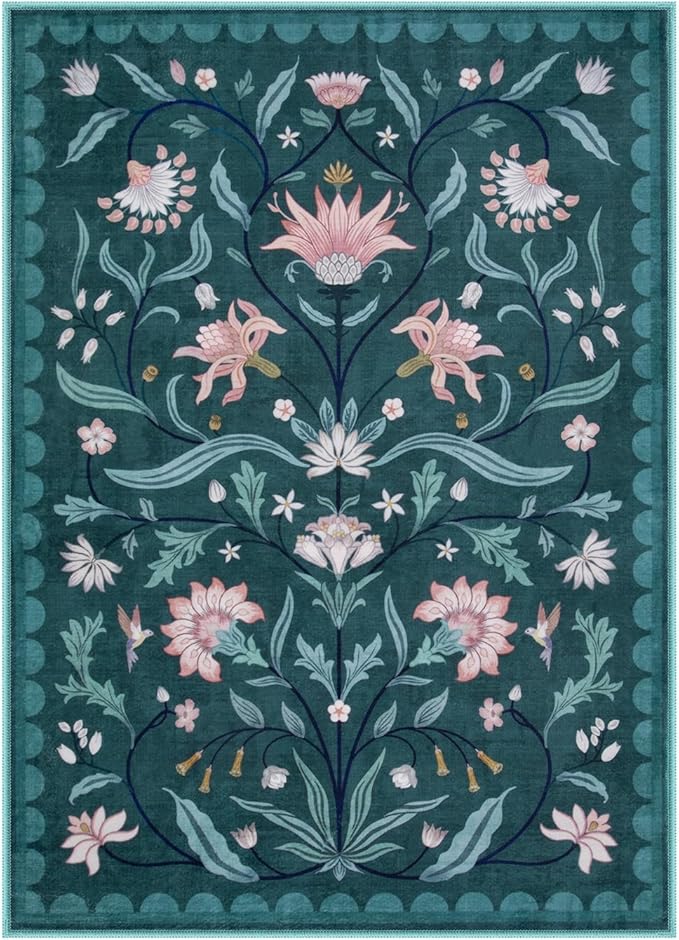 Lahome Boho Floral Washable Dark Teal 5x7 Area Rugs for Living Room, Non Slip Rugs for Bedroom, Indoor Ultra-Thin Throw Dining Room Carpet for Under Table Entryway Kitchen Dorm(Dark Teal,5x7)