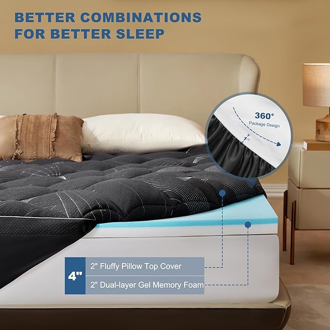 Bedlore 4-Inch Twin Mattress Topper for Back Pain - Dual Layer Medium Support (2" Gel Memory Foam + 2" Cooling Fluffy Pillow Top Pad), Breathable & Pressure Relief (Gray)