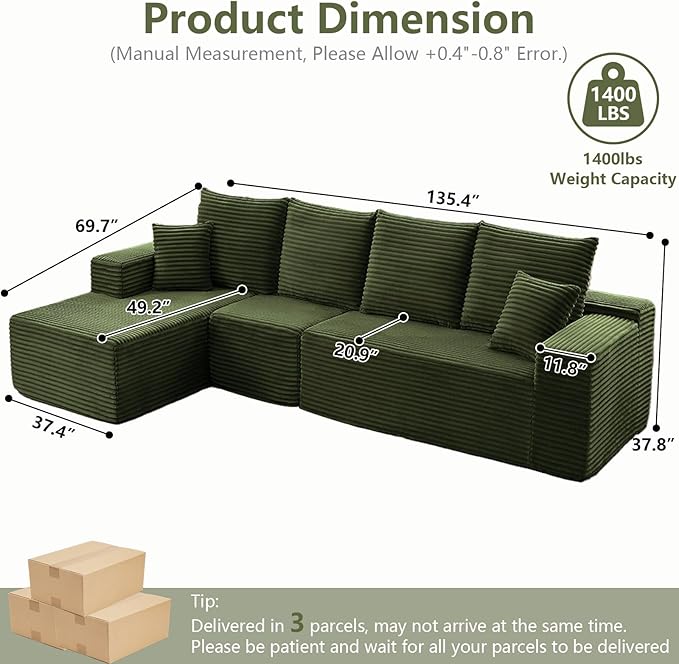 135" Cloud Sectional Couch with L-Shape Chaise, Modern Modular Comfy Sofa with Deep Seat, Upholstered Corduroy Couches Sleeper Chaise Longue for Living Room Bedroom, No Assembly Required, Green