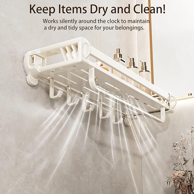 12" Shower Caddy Suction Cup, Concealed Shower Shelves Suction Cup with Hooks & Towel Bar, NO-Drilling Suction Shelf for Bathroom & Kitchen - White