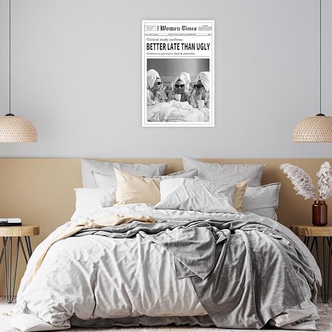Vintage Women Times Black and White Newspaper Wall Art Better Late Than Ugly Poster Canvas Prints Funky Feminist Posters Trendy College Wall Decor for Bar Cart Girl Dorm Room 12x16inch Unframed
