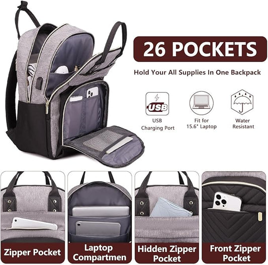 Laptop Backpack for Women Work Bag: College Backpacks 17.3 Inch with USB Charger School Book Bag Travel Computer Back Pack Casual Bookbags for Girls Teacher Black Grey