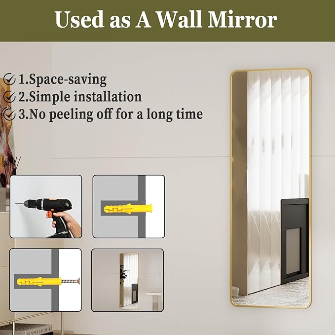 BEAUTYPEAK 14"x48" Full Length Over The Door Mirror, Aluminum Alloy Frame Full Body Mirror with Height-Adjustable Hangers, Hanging Mirrors for Bedroom, Living Room, Bathroom, Gold