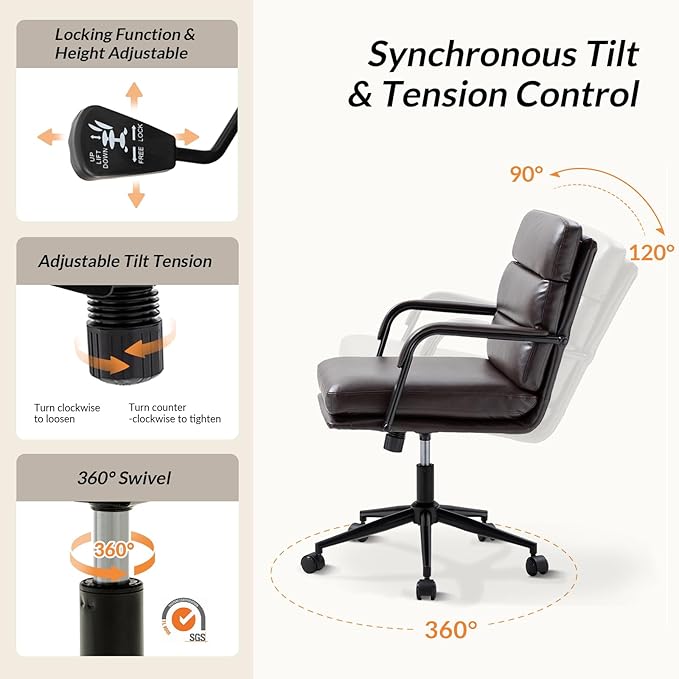 HULALA HOME Modern Faux Leather Home Office Chair with Tilt Lock & Metal Base, Desk Chair with Wheels & Padded Cushion, 360° Swivel Wide Seat Computer Task Chair, Brown