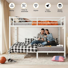 Queen Over Queen Bunk Bed, Metal Bunk Bed Frame Heavy Duty Bunk Beds Loft Bed Frame with Ladder and Guardrail Metal Slats No Box Spring Required for Adults Teens, White