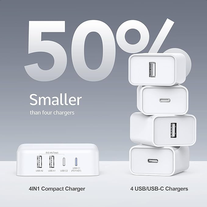 USB C Charger Block, 45W 4 Port USB C Fast Charging Station Hub Cube Brick for Multiple Devices, Travel Charger USB Power Strip Adapter Plug for iPhone 17 16 15 14 Pro Max, iPad, MacBook Air, Samsung