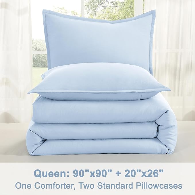 Litanika Comforter Set, Lightweight Solid Bedding Comforter Set, Fluffy Down Alternative Bed Set, Light Blue, Queen