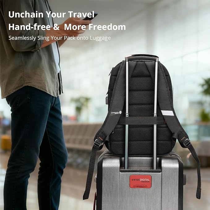 Swissdigital Design Business Laptop Backpack, College Laptops Backpack with USB Charging Port for Men and Women Fits 16 Inch Notebook, Blac k-Finder Color Random