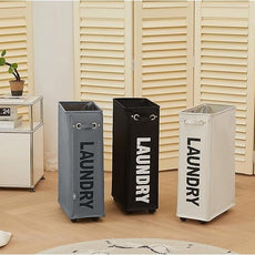 DOKEHOM 25-Inches Slim Laundry Basket on Wheels, Collapsible Rolling Laundry Hamper, Foldable Narrow Corner Clothes Storage Bins (Beige)