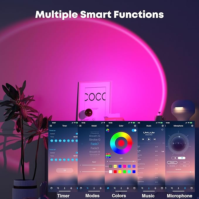 Sunset Lamp Projection Led Lights with APP, 16 Colors Night Light 360° Rotation Rainbow Lights 4 Modes Setting for Photography/Selfie/Party/Home/Living Room/Bedroom Decor, Gifts for Women.