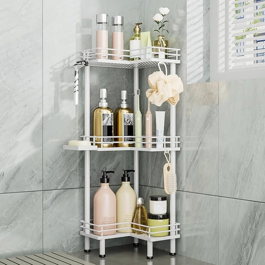 Consumest Corner Shower Caddy Standing - 3-Tier Stainless Steel Shower Organizer with Soap Holder and 4 Hooks, Large Capacity Corner Shelf Stand for Bathroom, Rest Room, White