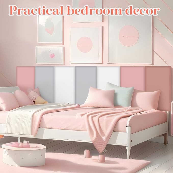 12 Pack Wall Padding for Playroom Peel and Stick Headboard 15.75" x 7.87" x 1.18" 3D Anti Collision Upholstered Wall Panels Self Adhesive Headboard Panel for Protection (Pink Colors)