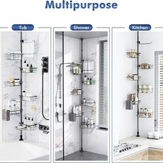 Corner Shower Caddy Tension Pole,30-120 Inch Adjustable Shower Organizer, 6-Tier Shower Shelves with Towel Rack/Toothbrush Holder/Soap Dish, Bathroom Corner Storage Rust-Resistant
