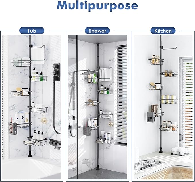 Corner Shower Caddy Tension Pole,30-120 Inch Adjustable Shower Organizer, 6-Tier Shower Shelves with Towel Rack/Toothbrush Holder/Soap Dish, Bathroom Corner Storage Rust-Resistant
