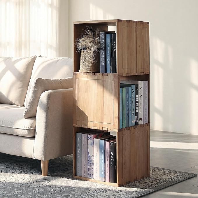 Solid Wood Corner Shelf, Square Bookcase Cube Tower, Stationary Shelves - Sturdy Freestanding Organizer for Beside TV Stand&Room Corners, Storage Display for Small Spaces, Rustic Brown, 3-Tier
