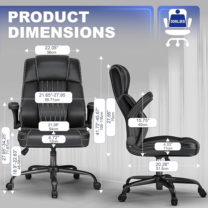ZZH Ergonomic Office Chair High Back with Lumbar Support, Leather Executive Desk Chair, Flip-Up Arms, 360° Swivel & Height Adjustable, 1PC, Black