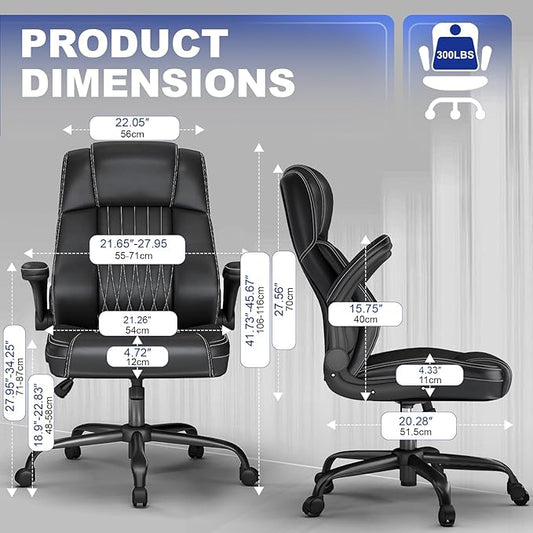 ZZH Ergonomic Office Chair High Back with Lumbar Support, Leather Executive Desk Chair, Flip-Up Arms, 360° Swivel & Height Adjustable, 1PC, Black